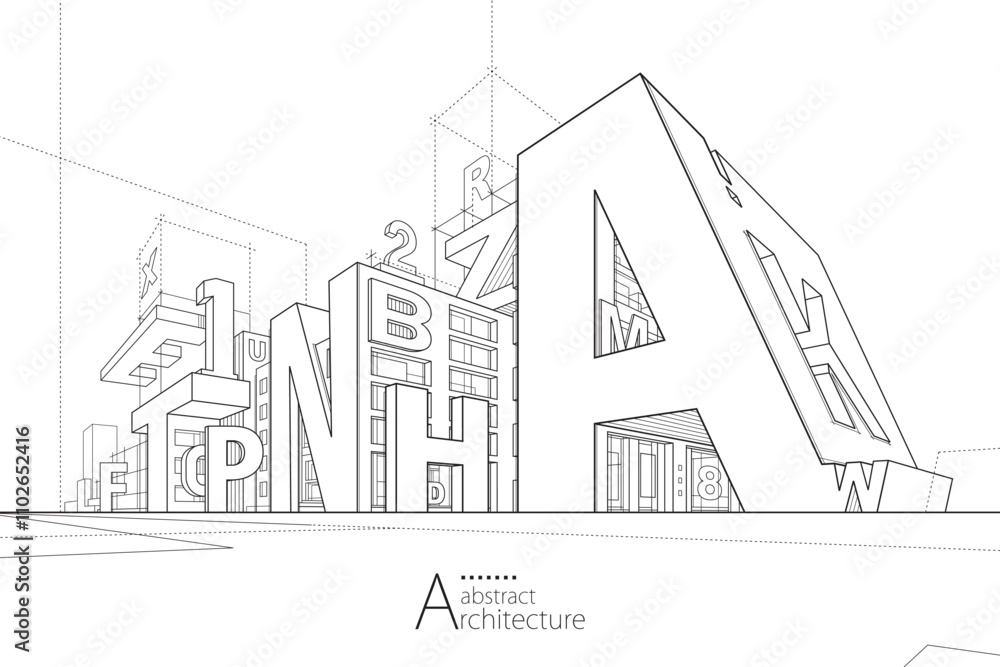 Poster 3D illustration of imaginative abstract modern urban architecture building line drawing design with alphabet letters.
