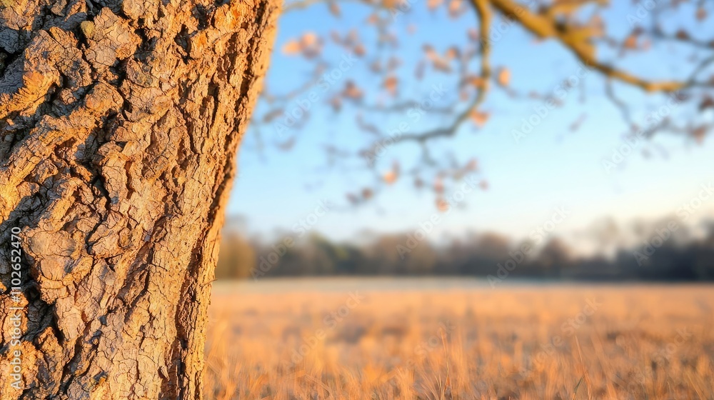 Poster close-up of a tree bark with a soft-focus field background under a clear sky.