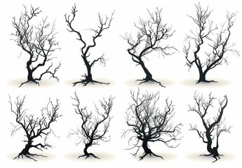 Obraz premium Minimalist Vector Silhouettes of Leafless Tree Branches in Various Angles