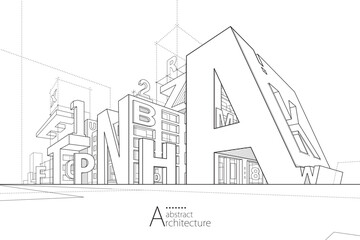 3D illustration of imaginative abstract modern urban architecture building line drawing design with alphabet letters.
