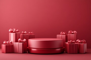 Red Gift Box Display on Red Background Minimalist Decoration for Valentine and Christmas
