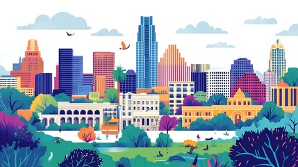 Vibrant stylized cityscape of Austin, Texas, showcasing its skyline and Zilker Park.