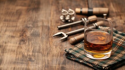 Glass of whiskey on a wooden table with tools and a cloth.