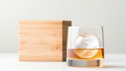 Whiskey glass with a spherical ice cube and wooden box.