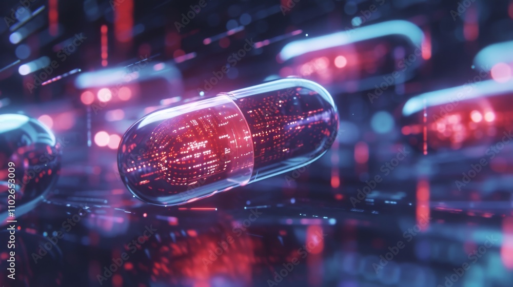 Poster a detailed view of transparent glowing capsules filled with digital data, representing futuristic he