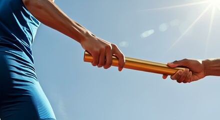 レース中にリレーのバトンを渡す男性ランナー2人、手のクローズアップ｜Two male runners passing relay baton during race, close-up of hands