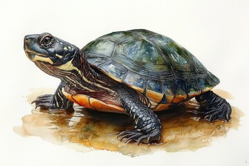 Fototapeta premium A detailed watercolor illustration of a turtle on a sandy surface.