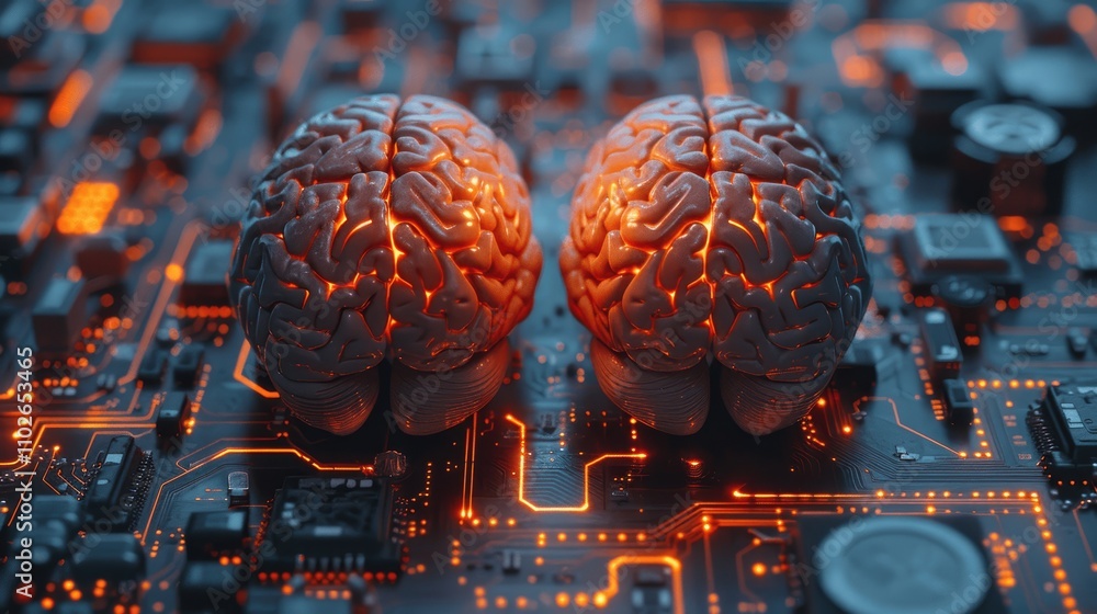 Poster fusion of human intelligence and machine learning: futuristic ai concept with glowing brains and hig