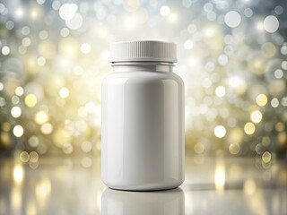 White Plastic Supplement Bottle Mockup, Bokeh Background, Product Packaging Design, Empty Container, Clean Design