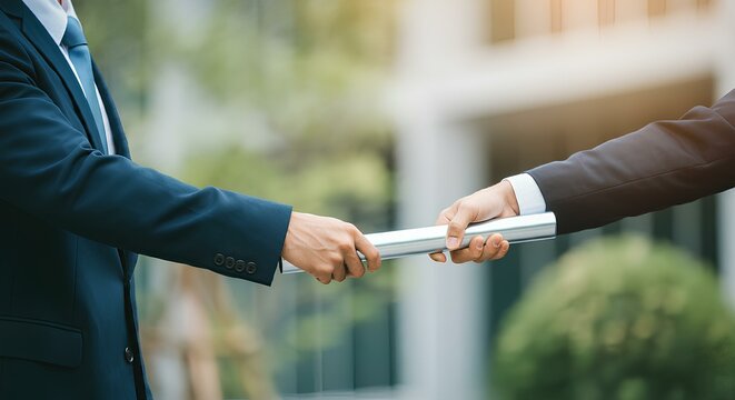 バトンを渡すビジネスマン、手のクローズアップ｜Businessmen passing the baton, close-up of hands