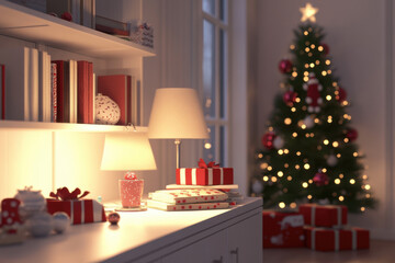 A white table with Christmas presents, books, and a lamps with a Christmas tree on the wall,