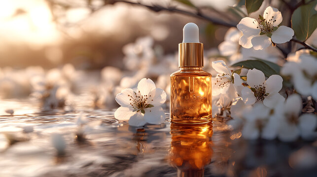Bottiglia di olio essenziale accanto a fiori di ciliegio in fiore tra paesaggi serene e invitanti