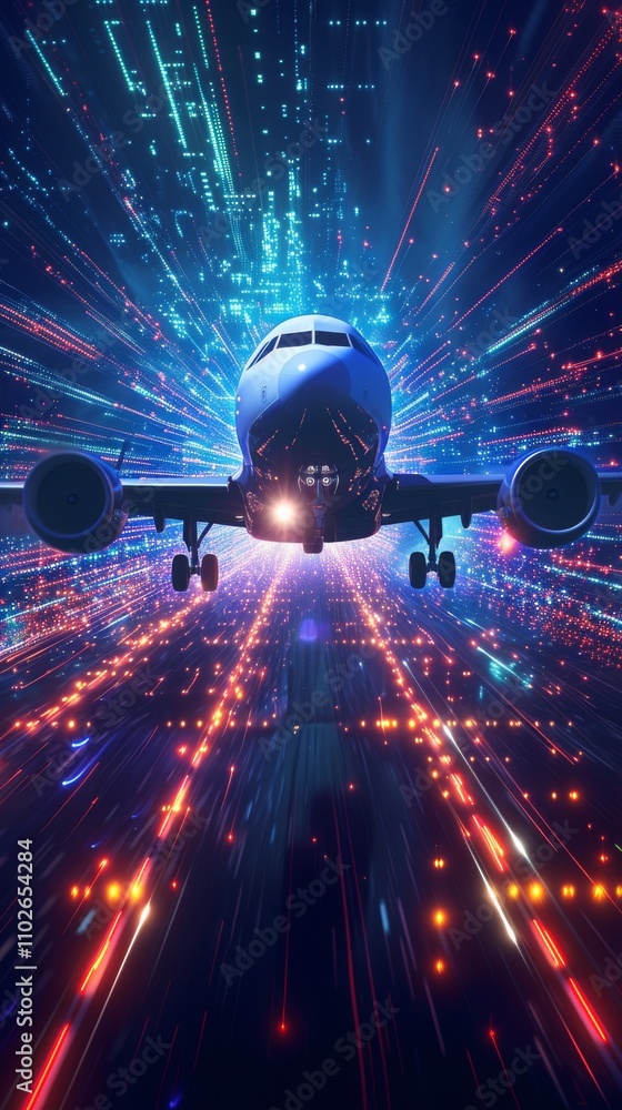 Poster a high-speed digital artwork showing an airplane flying through a dynamic tunnel of neon lights and 