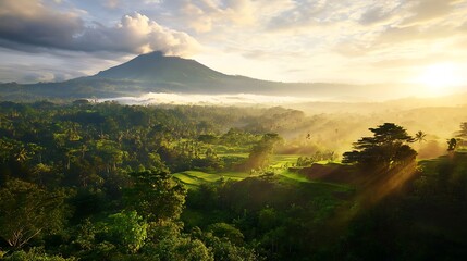 Sunrise Illuminates Lush Green Rice Terraces and Volcanic Mountain