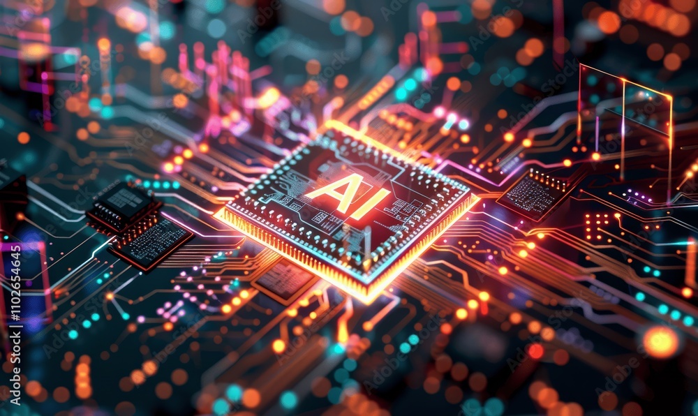 Poster futuristic ai microchip with glowing circuit board