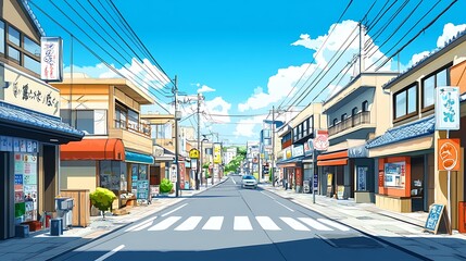 Sunny Day on a Japanese Street with Shops and a Car