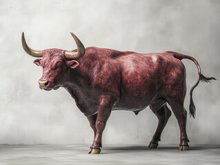 Bright Burgundy Bull Charging: Photo-Realistic Plain Silver Background