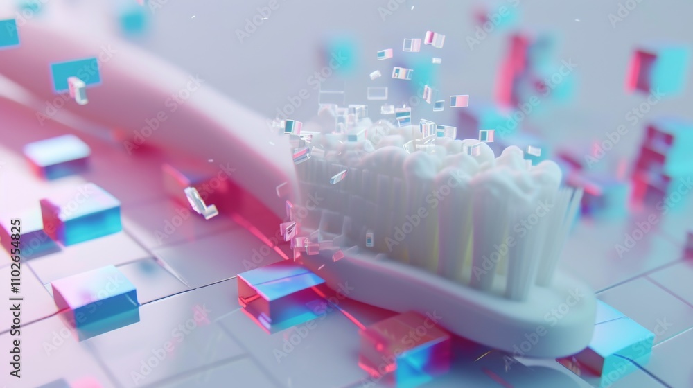 Poster a futuristic scene of a toothbrush with floating digital cubes, blending technology and hygiene in a