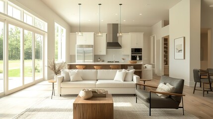 A modern minimalist home interior design with clean lines, sleek furniture, and neutral color palette, featuring an open-concept living space connected to a spacious kitchen, bathed in natural light 