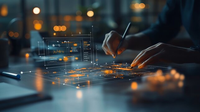 Innovative technology development modern workspace app interface wireframe creation urban office environment close-up viewpoint digital design concept for user experience enhancement