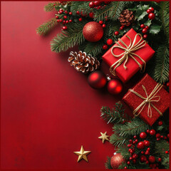 Christmas background with red and green decorations, gifts, stars, and fir branches on a red tabletop