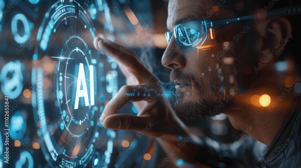 Poster futuristic ai technology businessman touching virtual screen display hologram innovative tech machin