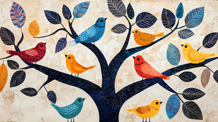 Brightly colored traditional gond folk art from india of birds in a tree on a textured background. folk art. illustration. Folk. Illustration