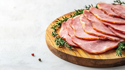 Sliced ham on a wooden platter with herbs, white isolated background.