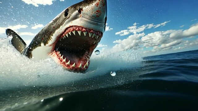 A great white shark breaches the surface, showcasing its powerful jaws and sharp teeth.