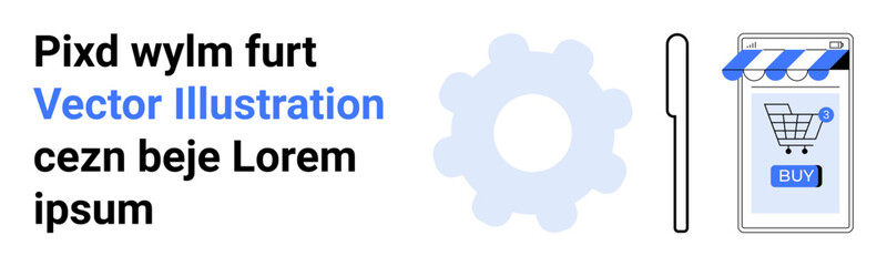 Smartphone displaying shopping cart under awning with blue BUY button, adjacent gear icon, and placeholder text. Ideal for e-commerce, technology integration, digital marketing, mobile apps, online