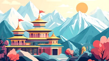 Fototapeta premium Himalayan Temple nestled amidst snow-capped mountains under a vibrant sun.