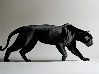 A Sleek Black Panther Prowling: Photo-realistic on Plain Grey Background