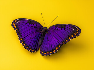 Fototapeta premium Vibrant Violet Butterfly Fluttering on Plain Lime Background, Photorealistic Image