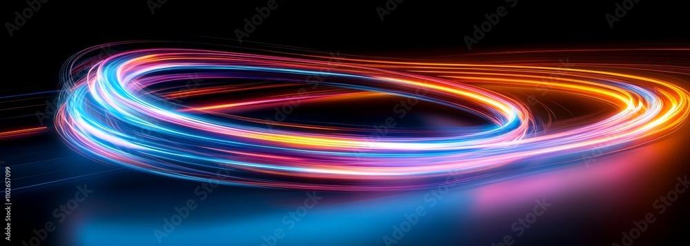 Poster dynamic neon light trails abstract background with floor reflection and curvy patterns in vibrant co