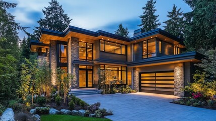 Obraz premium Amazing modern contemporary style architecture house at dusk