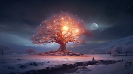 An ancient tree adorned with glowing ornaments, standing sentinel in a snowy meadow, whispering tales of Christmas past