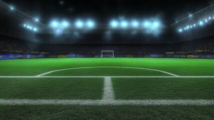 Fototapeta premium Football Stadium Night Scene with Illuminated Grass Field and Goalposts Spectators in Background