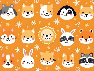 Fototapeta premium seamless pattern with funny baby animals face. Generative ai