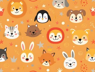 Obraz premium seamless pattern with funny baby animals face. Generative ai