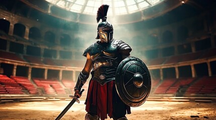 Roman Gladiator in Coliseum with Sword and Shield Dramatic Lighting