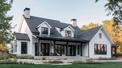 A new, white modern farmhouse with a dark shingled roof and black window frames. The bottom of the house has a light rock siding and covered front porch.