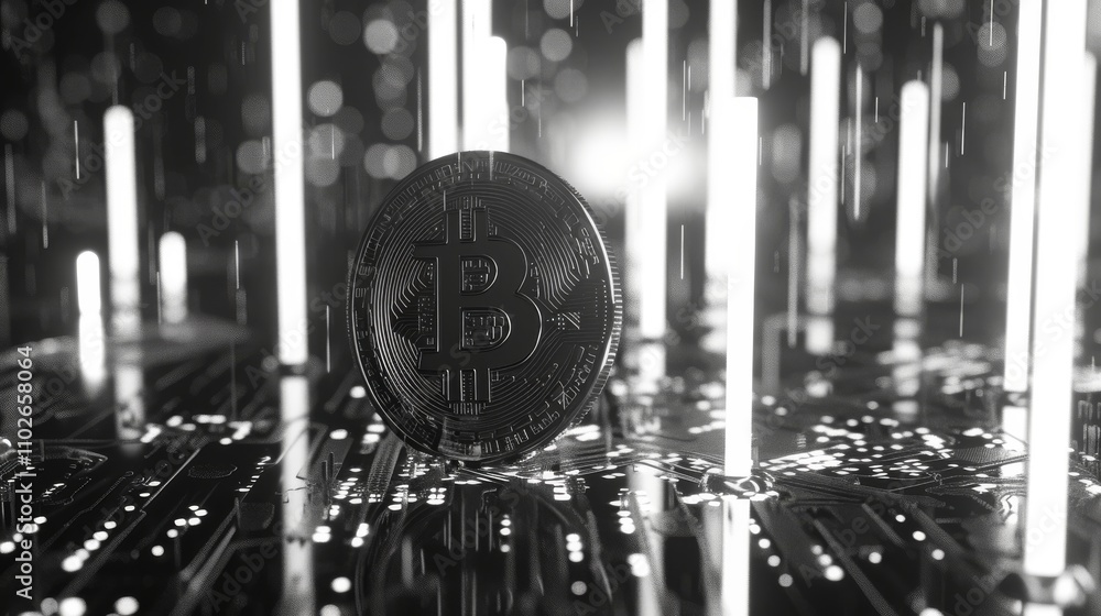 Poster a black bitcoin coin standing in front of futuristic light beams on a digital circuit background. th
