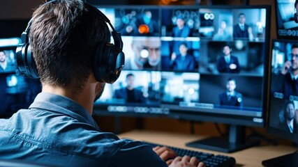 A person wearing headphones monitors multiple video feeds on a computer screen.