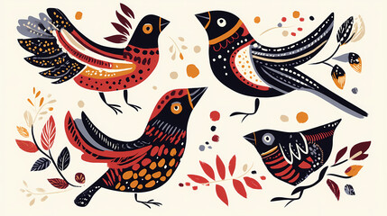 A collection of birds with various folk ornaments. paper cut scandinavian style. flat design. hand drawn colored modern set. modern trendy illustration. all elements isolated. Folk. Illustration