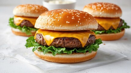 Delicious cheeseburger with lettuce on a white isolated background.