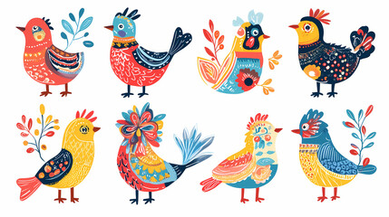 Obraz premium A collection of birds with various folk ornaments. paper cut scandinavian style. flat design. hand drawn colored modern set. modern trendy illustration. all elements isolated. Folk. Illustration