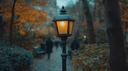 Street lamp illuminating a serene park path.