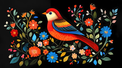 Fototapeta premium A painting of a bird and flowers on a black background. generative ai. polish folk art. Folk. Illustration