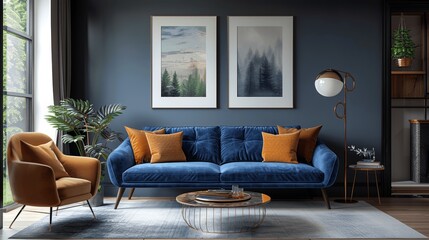 Dark blue sofa and armchair in modern Scandinavian living room interior design with dark wall and art poster