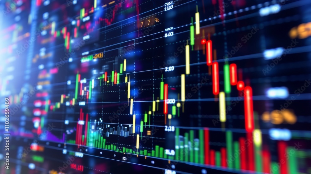 Poster a vibrant and dynamic display of fluctuating stock market graphs and bar charts. the image features 